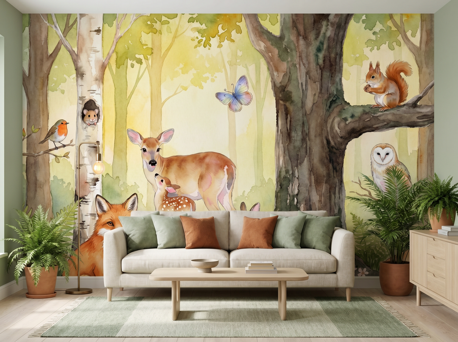Woodland Friends Nursery Panorama scenic wallpaper mural on the feature wall of a cottagecore nursery, in a golden yellow-and-ochre palette — The Wall Shawl.
