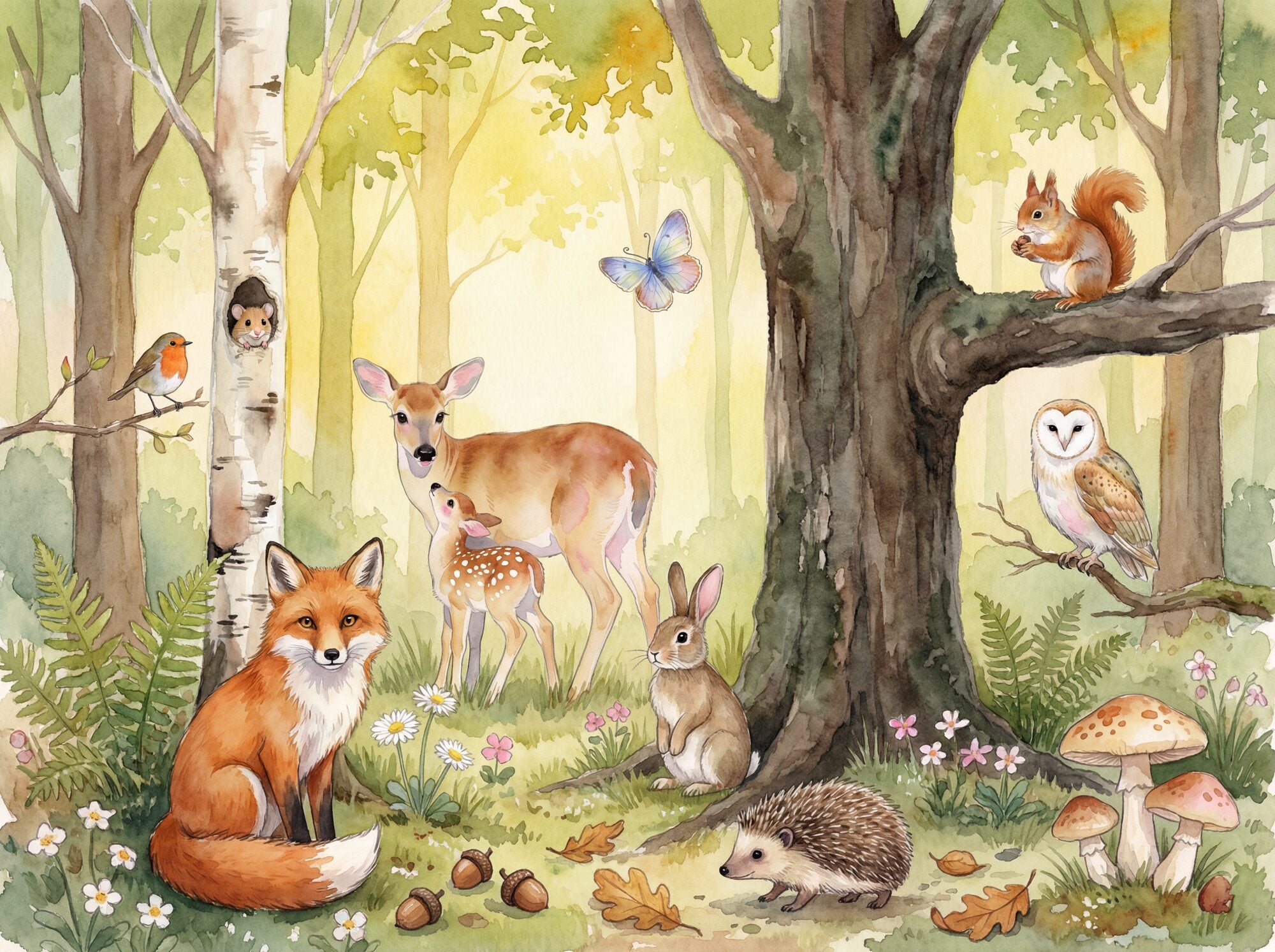 Woodland Friends nursery mural wallpaper — watercolour English woodland with red fox on a mossy log, deer and spotted fawn, sleeping barn owl, rabbit behind ferns, hedgehog in autumn leaves and a hidden dormouse in a tree hollow