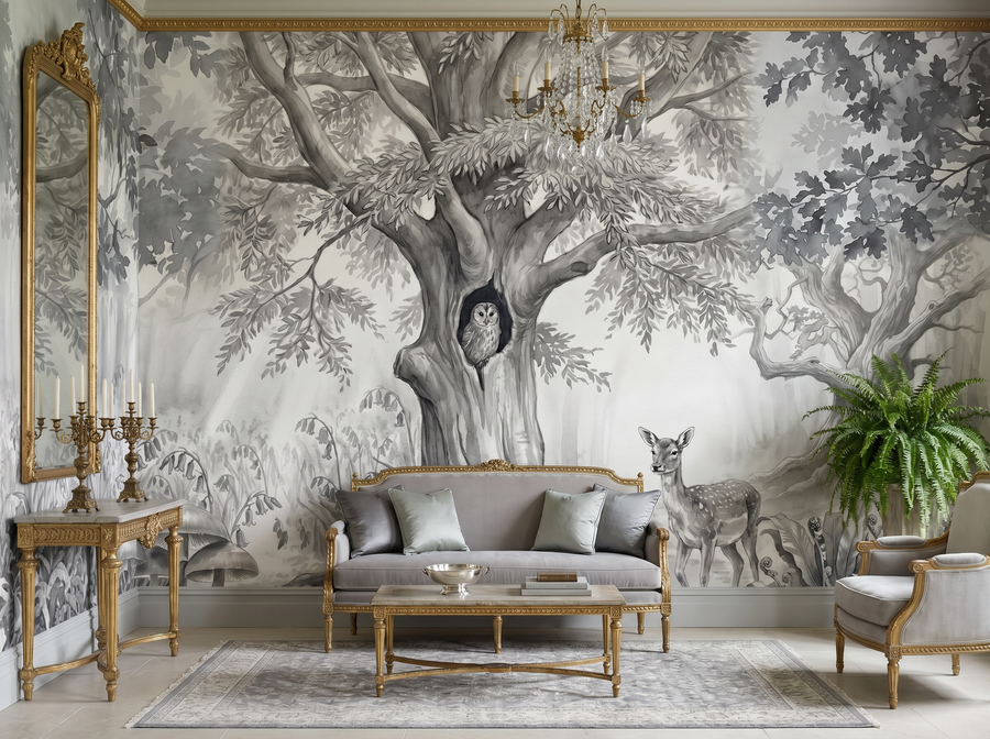 Woodland Grisaille scenic wallpaper mural on the feature wall of a biophilic bedroom, in a warm neutral palette — The Wall Shawl.