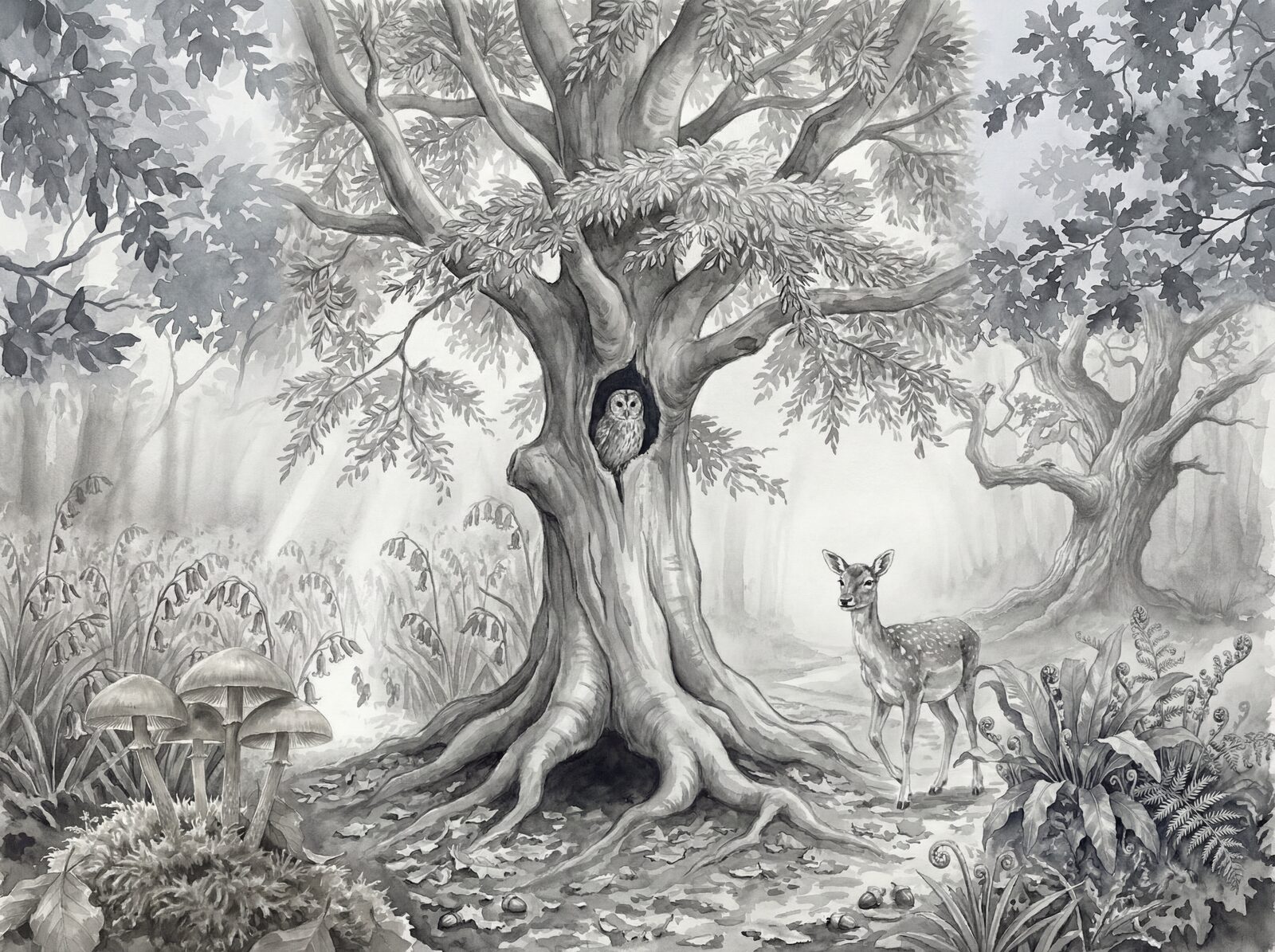 Temperate woodland mural in grey palette. Made to order.