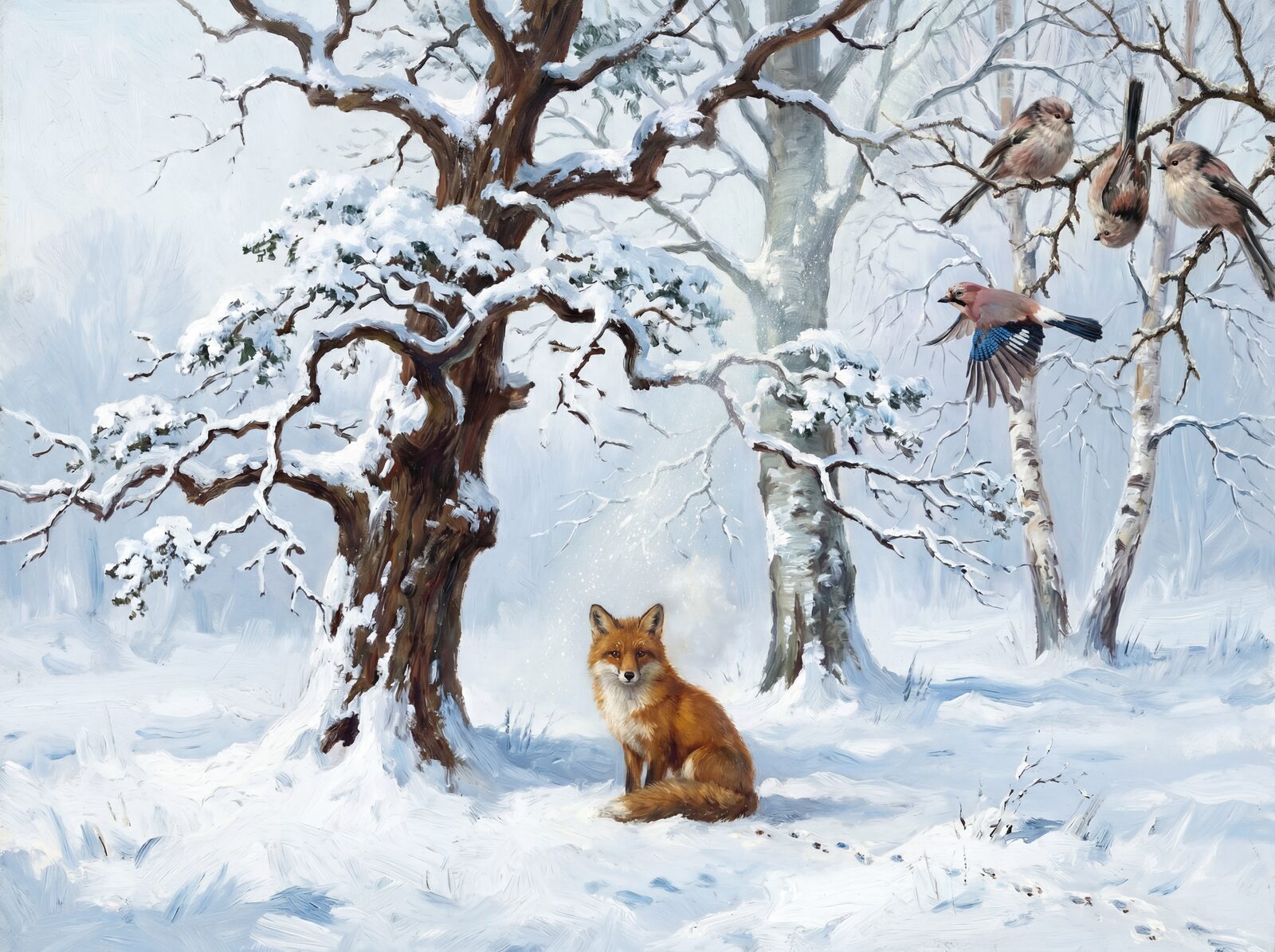 Pristine woodland scene with fresh snow, blue shadows, and warm oak tones. Made to order.