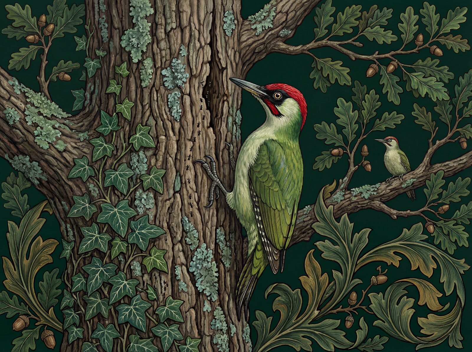 Witness the vibrant Green Woodpecker in a lush oak forest. Featuring Oak Bark, Woodpecker Green, and Red Crown. Made to order.
