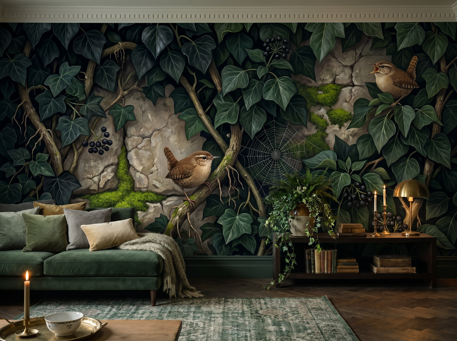 Wren Among Ivy scenic wallpaper mural on the feature wall of an English-country study, in a moody black-and-charcoal palette — The Wall Shawl.