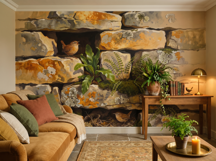 Wren in Wall scenic wallpaper mural on the feature wall of an English-country study, in a soft grey palette — The Wall Shawl.