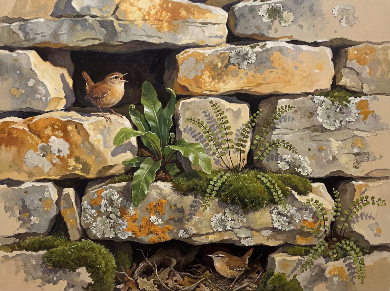 Witness the miniature ferocity of a wren against ancient stone. Warm rufous-brown, pale stone, deep green, and ochre-gold tones. Made to order.
