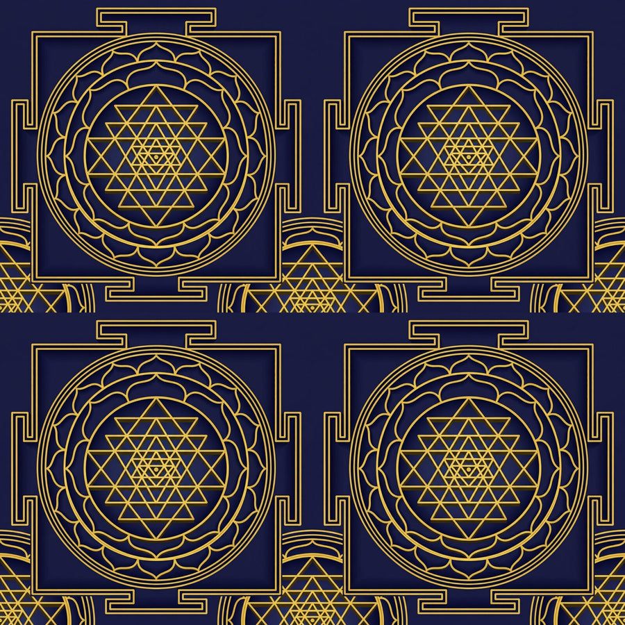 Immerse yourself in the cosmic dance of the Yantra Grid, a precise geometric mural in indigo, gold, and bronze. Made to order.