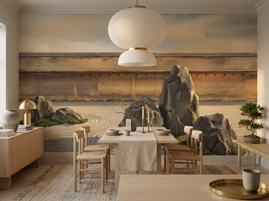 Zen Rock Garden scenic wallpaper mural on the feature wall of a chinoiserie living room, in a soft grey palette — The Wall Shawl.