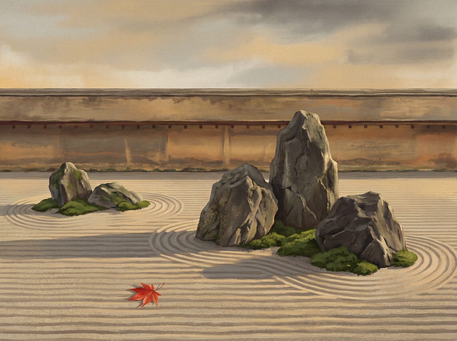 Scenic mural wallpaper with warm gravel, stone, and moss palette. Made to order.
