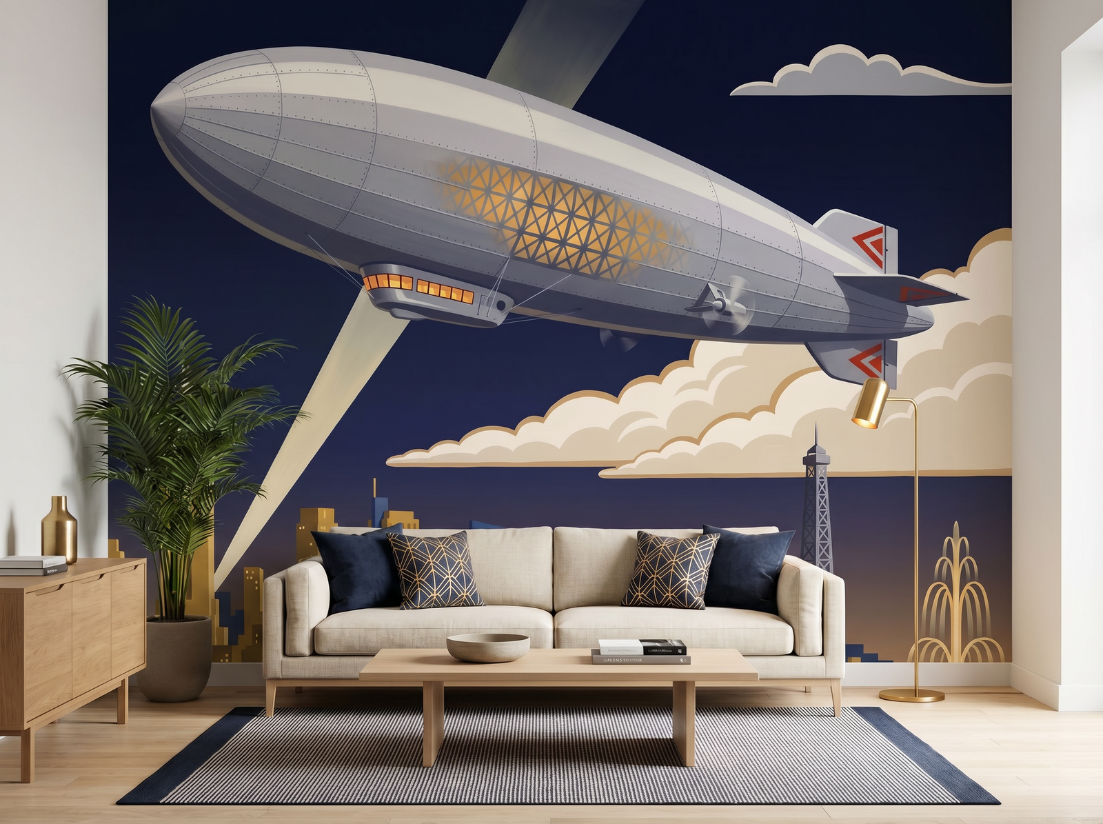 Zeppelin Over City scenic wallpaper mural on the feature wall of a Hollywood-Regency nursery, in a cool neutral palette — The Wall Shawl.