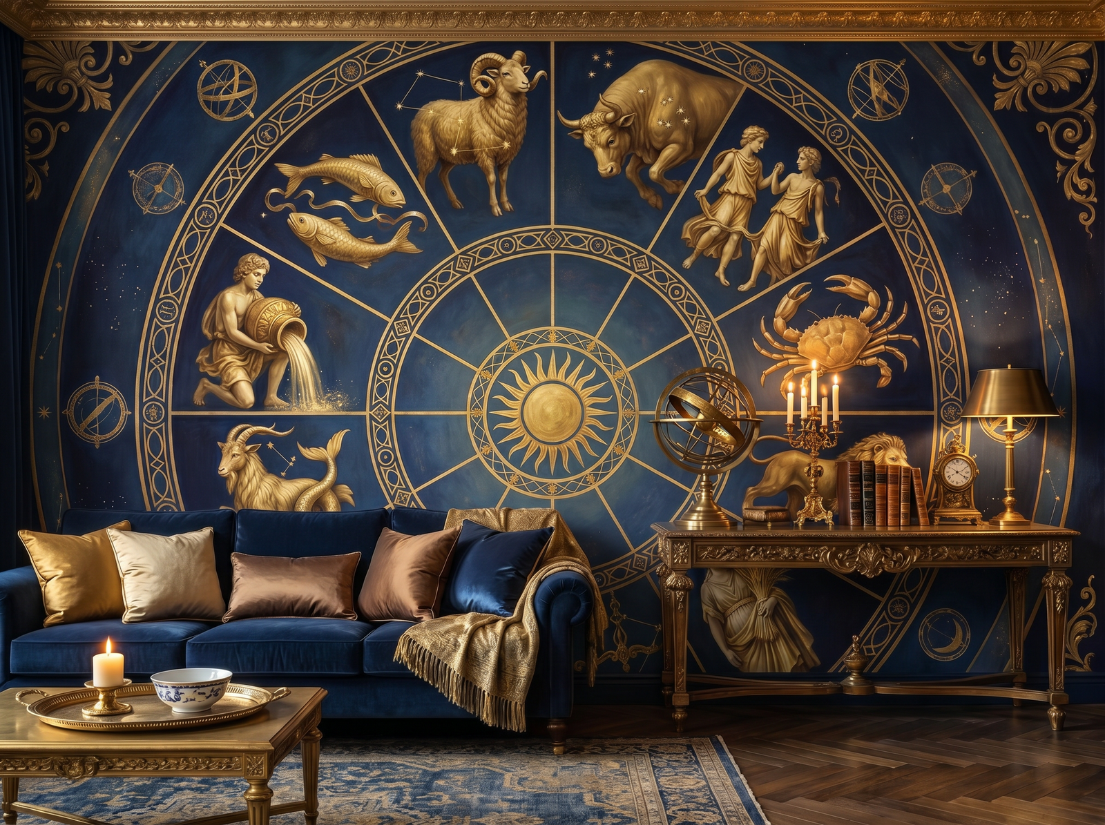 Zodiac Wheel scenic wallpaper mural on the feature wall of a maximalist dining room, in a golden yellow-and-ochre palette — The Wall Shawl.