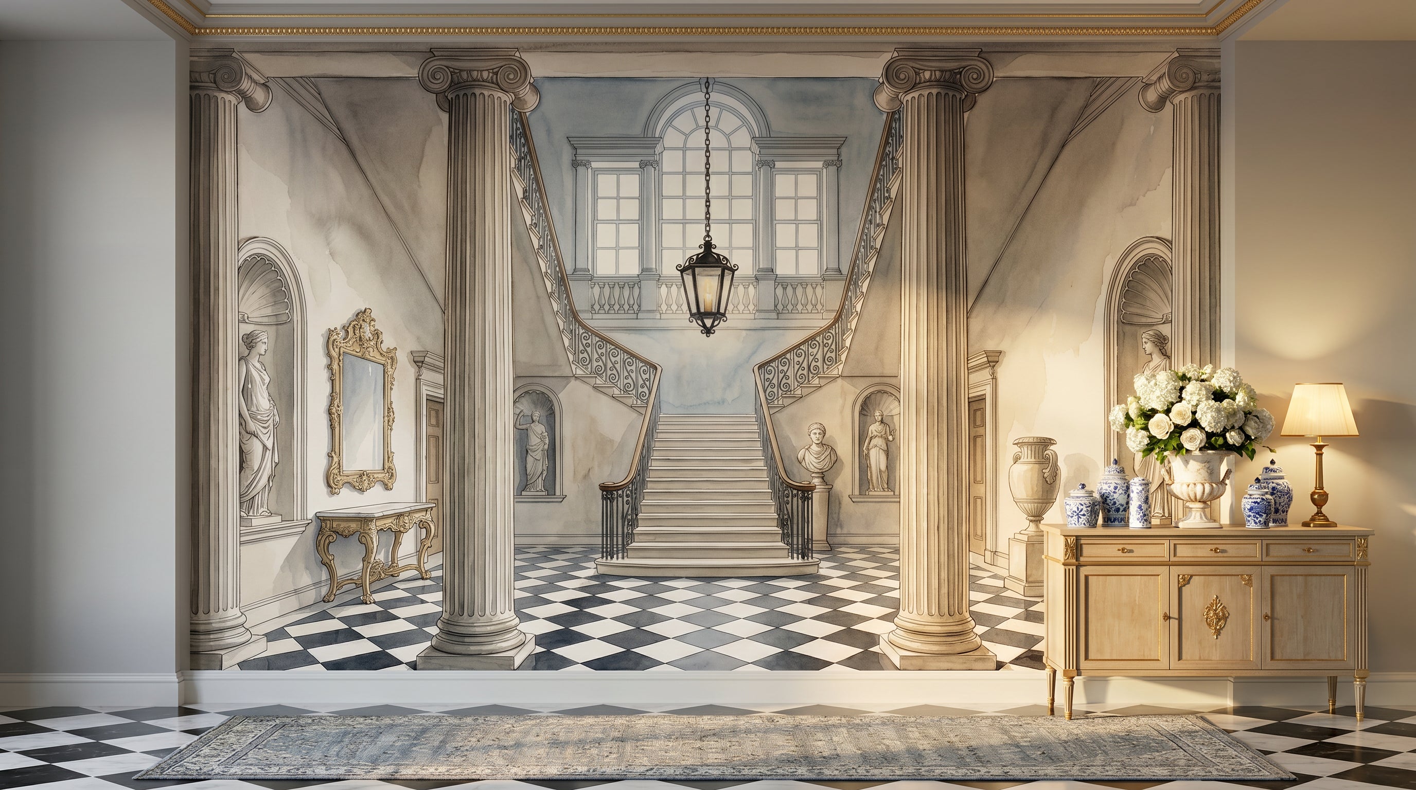 Grisaille grand-hall mural extending an entrance hall