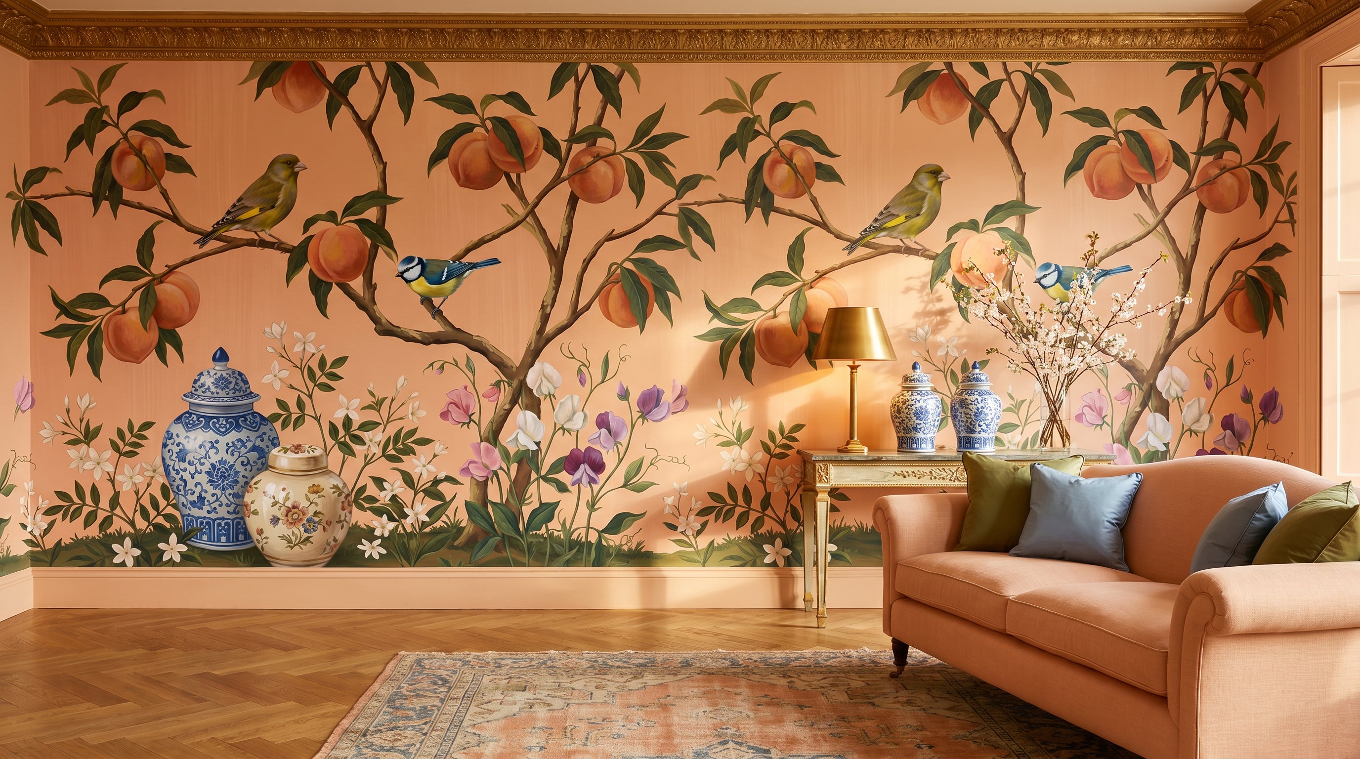 Peach chinoiserie mural with songbirds in a warm drawing room