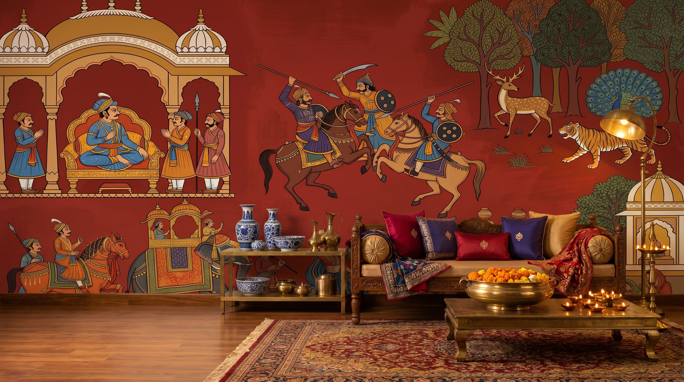Indian Phad-scroll mural in a candlelit jewel-toned living room