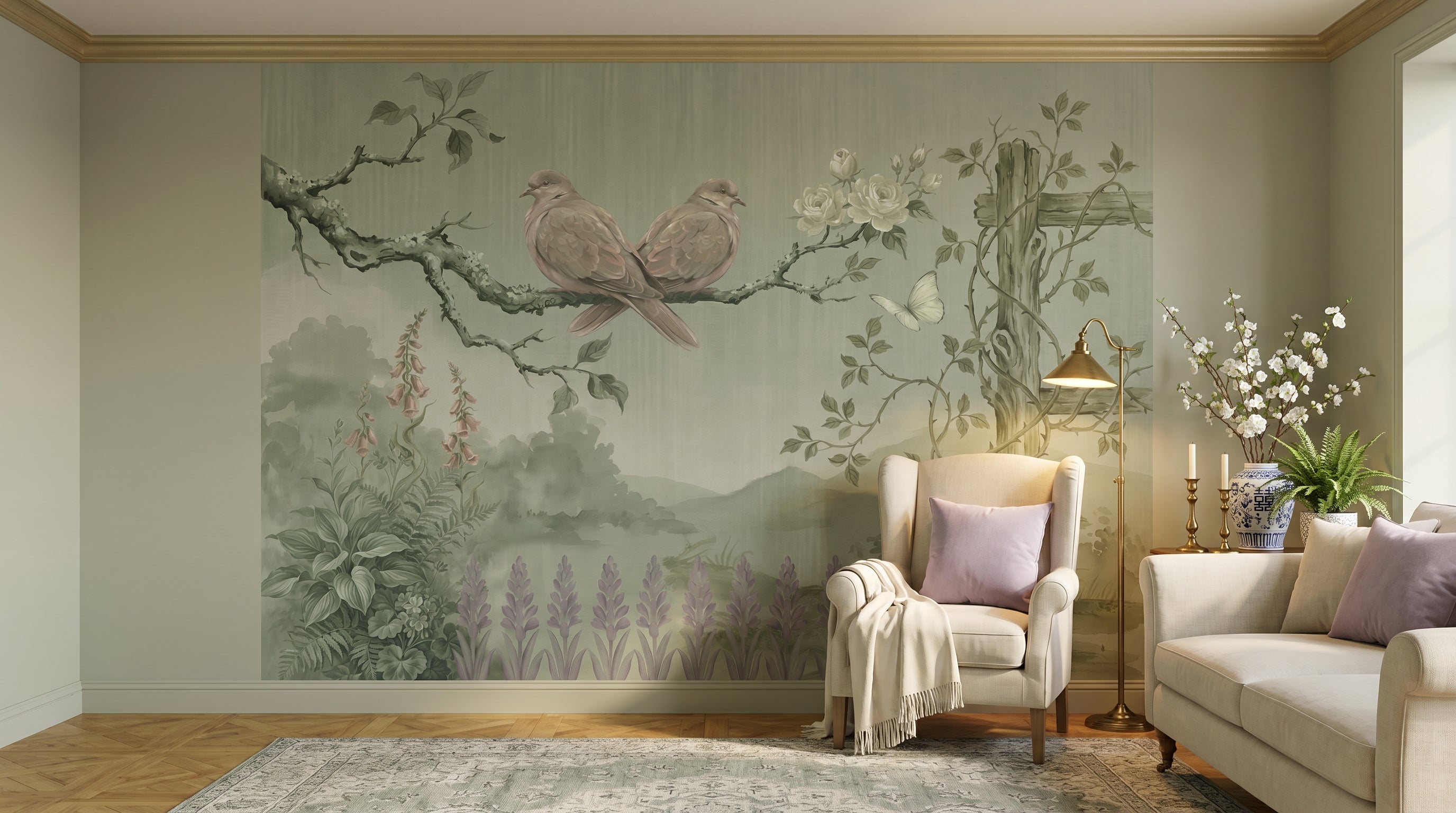 Sage chinoiserie mural with doves in a serene living room