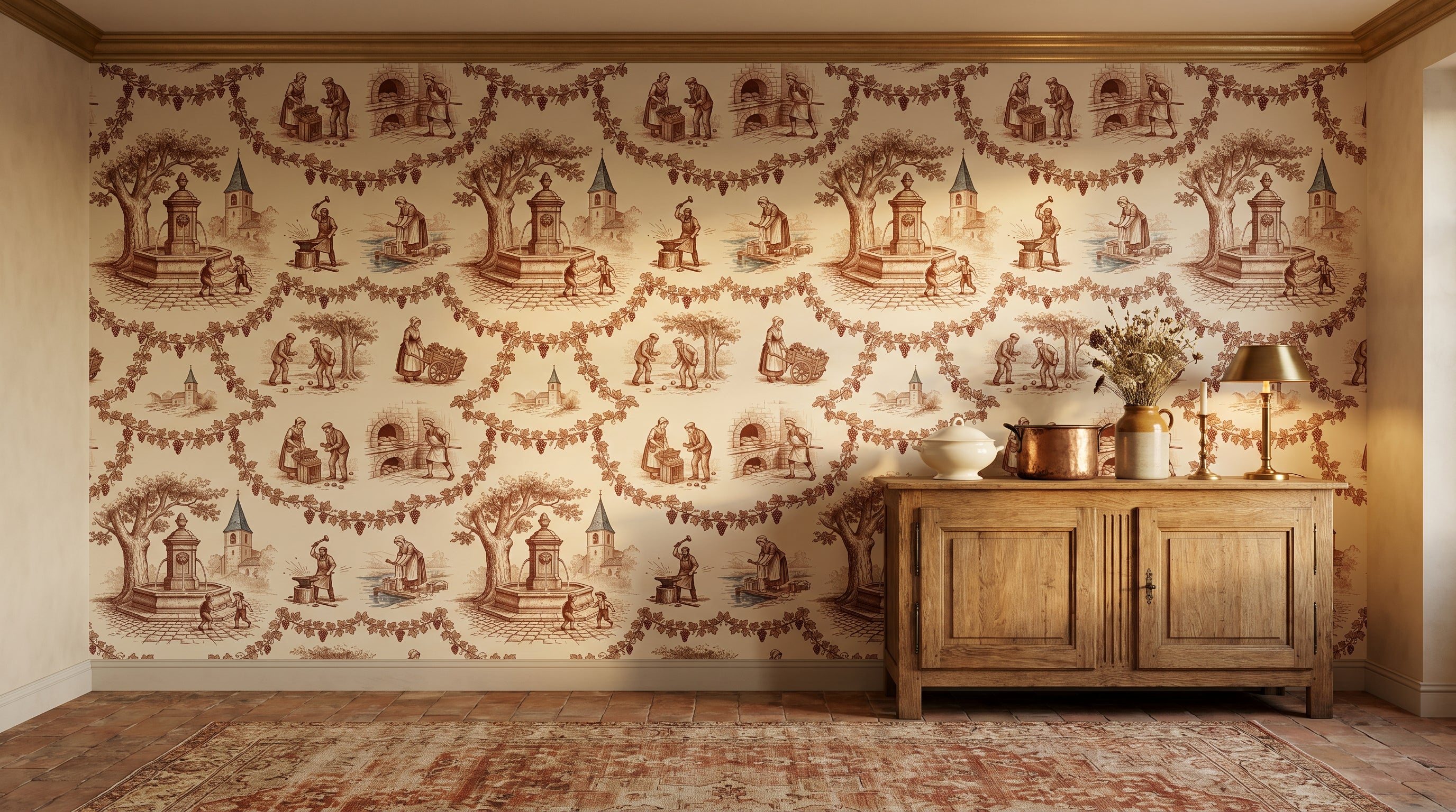 Toile de Jouy mural in a warm French drawing room